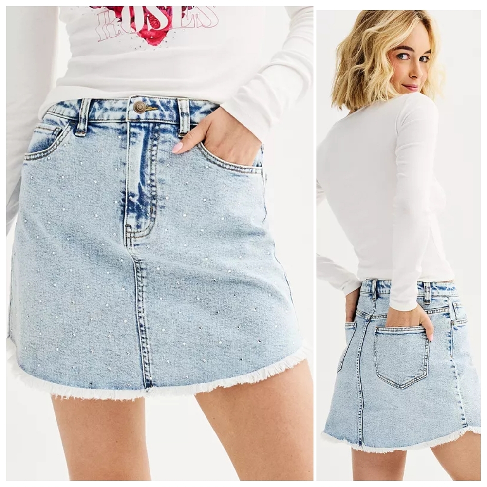 🔥 (5for$35) Juniors' SO® Rhinestone Denim Mini Skirt
